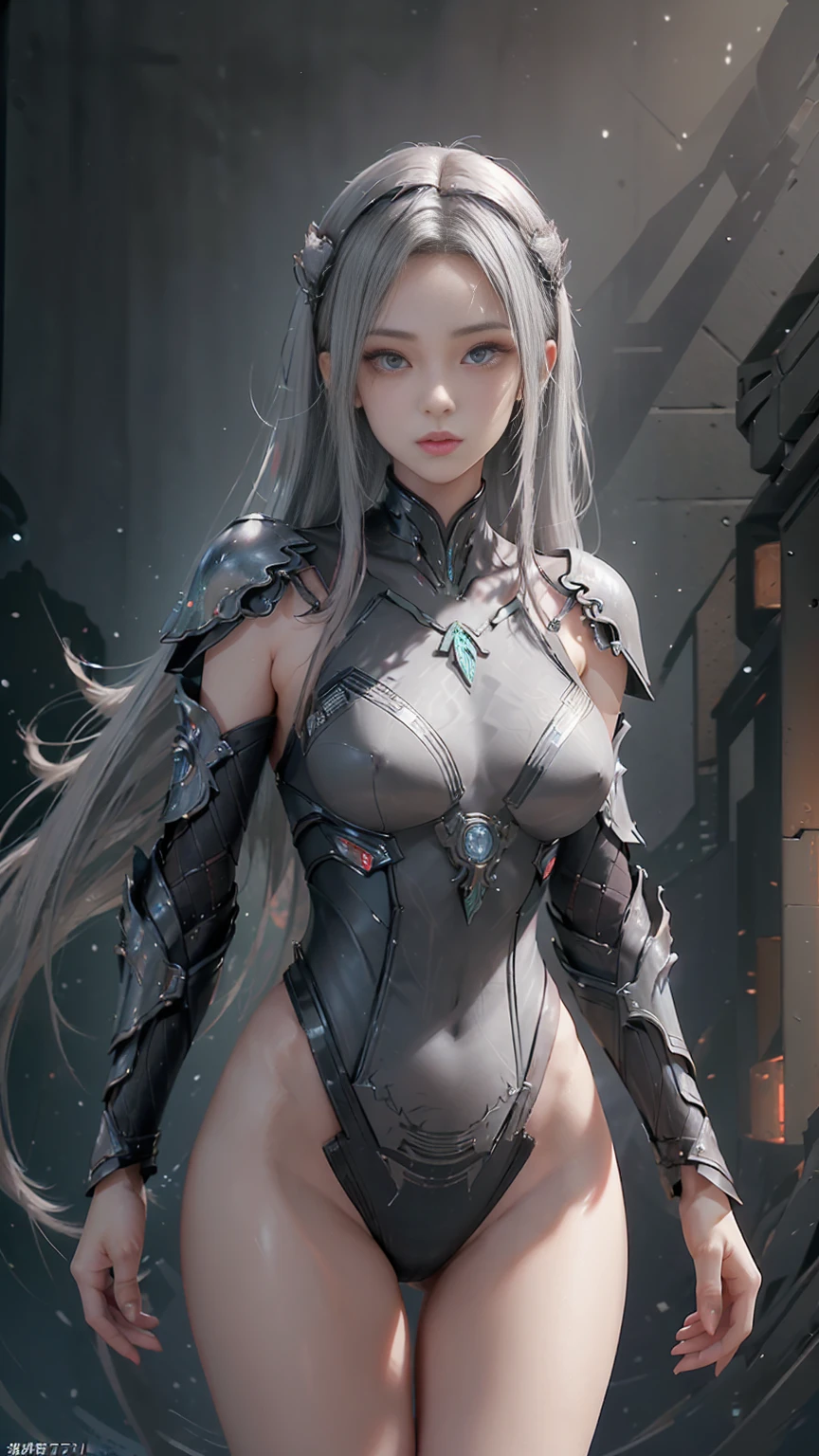 masterpiece,Game Art,Best picture quality,Maximum resolution,8k,(Upper Body),Unreal Engine 5 rendering works,(Digital Photography),((Upper BodyFeature:1.5)), 20 year old girl,Short hair details,Long bangs,(The red eye makeup is carefully applied),(With long gray hair:1.4),(Small breasts),Elegance and nobility,Brave and charming, (Standing dynamic posture),(The future armor combines the characteristics of Chinese armor,hollow-carved design,Power Armor,Mysterious oriental runes,Exquisite clothing patterns,Magic Flash),Future Warrior,Cyberpunk Characters,War Background, light,Ray Tracing,Game CG,((3D Unreal Engine)),OC rendering reflection mode