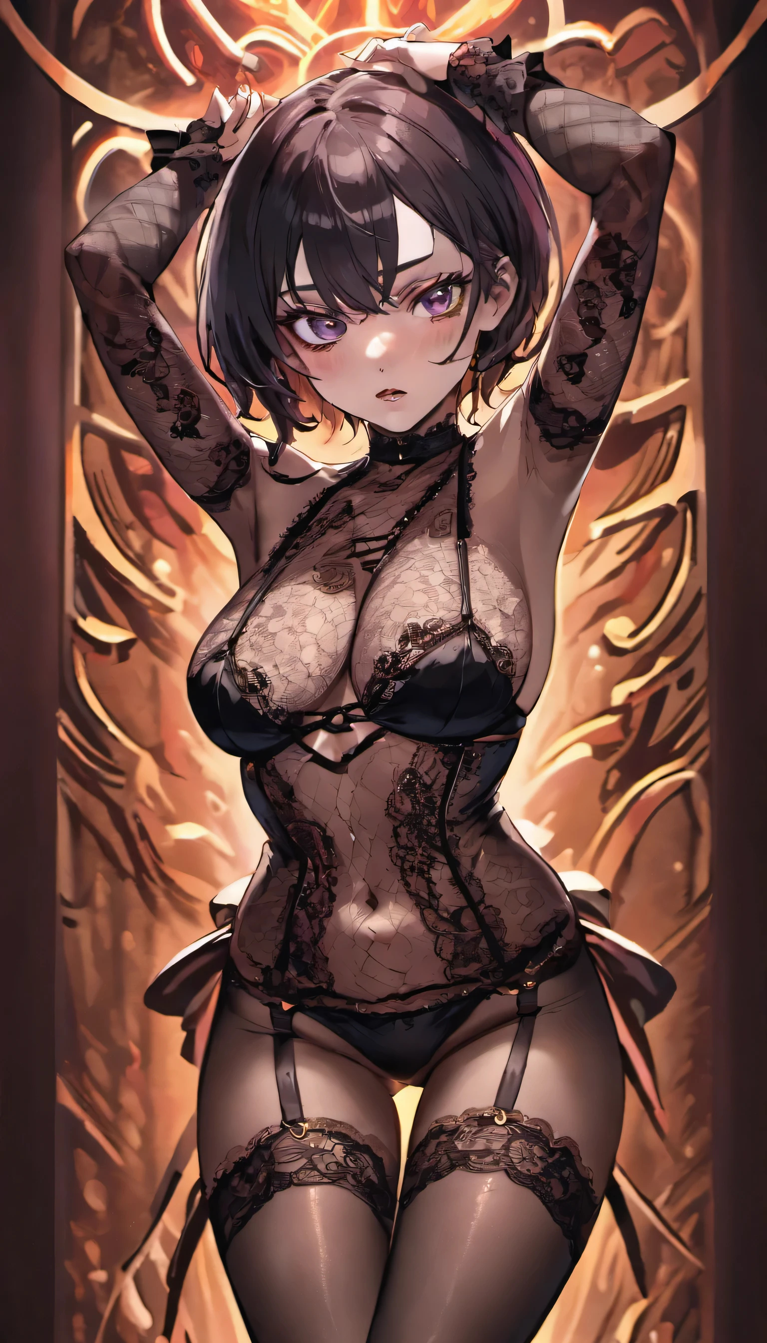 a sexy girl in black lace lingerie and stockings, detailed face with beautiful eyes, long eyelashes, full lips and flawless skin, delicate features, seductive posture with alluring gaze, dramatic lighting creating a moody, cinematic atmosphere, warm color palette, chiaroscuro lighting, highly detailed and photorealistic, 8k resolution, masterpiece quality, concept art style, detailed anatomy of hands held behind head, perfect hourglass figure, thighs squeezed by stockings, erotic and sensual