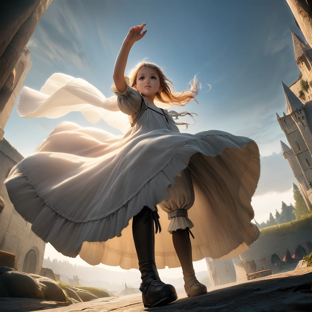 (Highly detailed CG Octane render 8k wallpaper), 8 year old girl underwear, Realistic cotton bloomers, Medieval long dress with panniers, Fabric Realism, Low Angle,  Pull up the dress by hand, Strong winds, Translucent slip, Translucent slip, tights, Highest quality, whole body