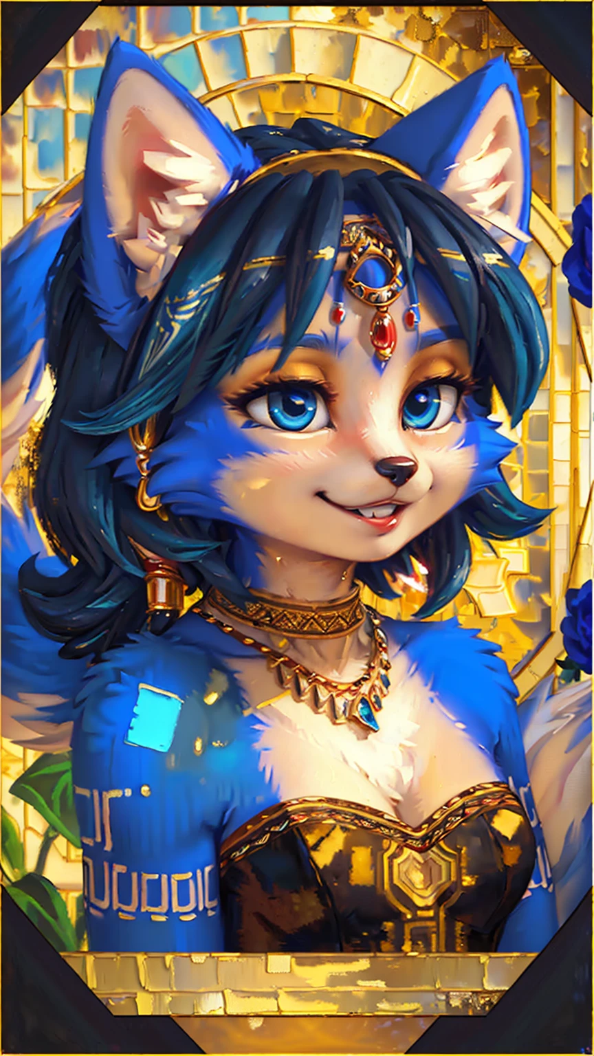 A beautiful and detailed (sweet picture) wa ((krystal)), Star Fox Krystal, sslim, lovable, green eyes, medium breasts, (((Long blue hair 1.3))),  ((black hair tips)), Decollete, grin, look up,, anthro, furry, Uploaded E621, detailed fluffy fur, (wa Fluff-Kevlar, Bayard Wu, personalize me, Pino Daeni), detailed face, (fluffy), 1 girl, alone,  Tribal clothing, sweet girl, alone4k, ,8k, A high resolution, best qualitUnd, Perfect colors, perfect shadows, perfect lightning, black jacket, Ruffles, jewellery, Hair decoration,  (((Portrait in a golden frame:1.4))), (((old portrait in vintage style:1.4))), (((Oil painting:1.4)))