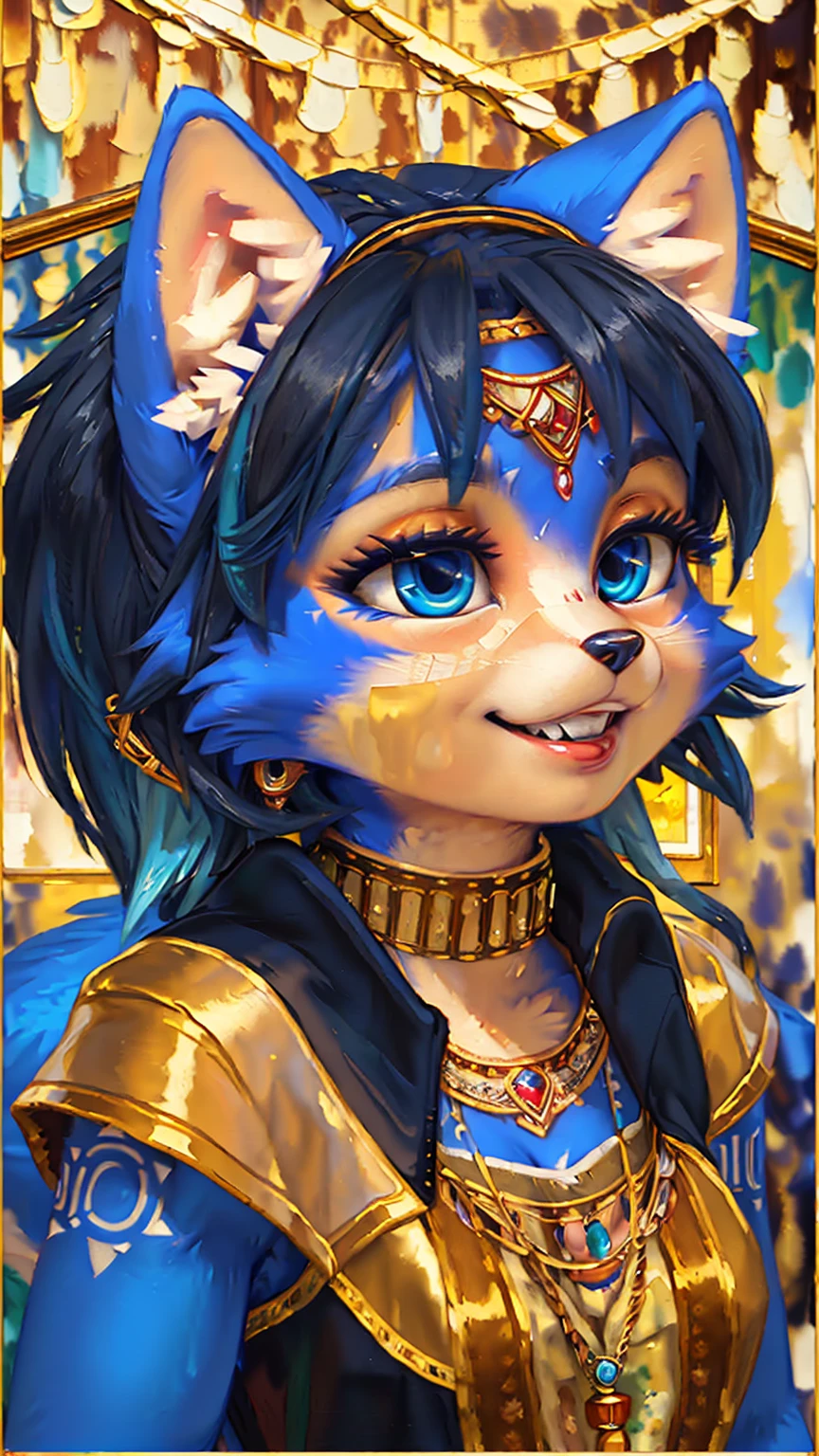 A beautiful and detailed (sweet picture) wa ((krystal)), Star Fox Krystal, sslim, lovable, green eyes, medium breasts, (((Long blue hair 1.3))),  ((black hair tips)), Decollete, grin, look up,, anthro, furry, Uploaded E621, detailed fluffy fur, (wa Fluff-Kevlar, Bayard Wu, personalize me, Pino Daeni), detailed face, (fluffy), 1 girl, alone,  Tribal clothing, sweet girl, alone4k, ,8k, A high resolution, best qualitUnd, Perfect colors, perfect shadows, perfect lightning, black jacket, Ruffles, jewellery, Hair decoration,  (((Portrait in a golden frame:1.4))), (((old portrait in vintage style:1.4))), (((Oil painting:1.4)))