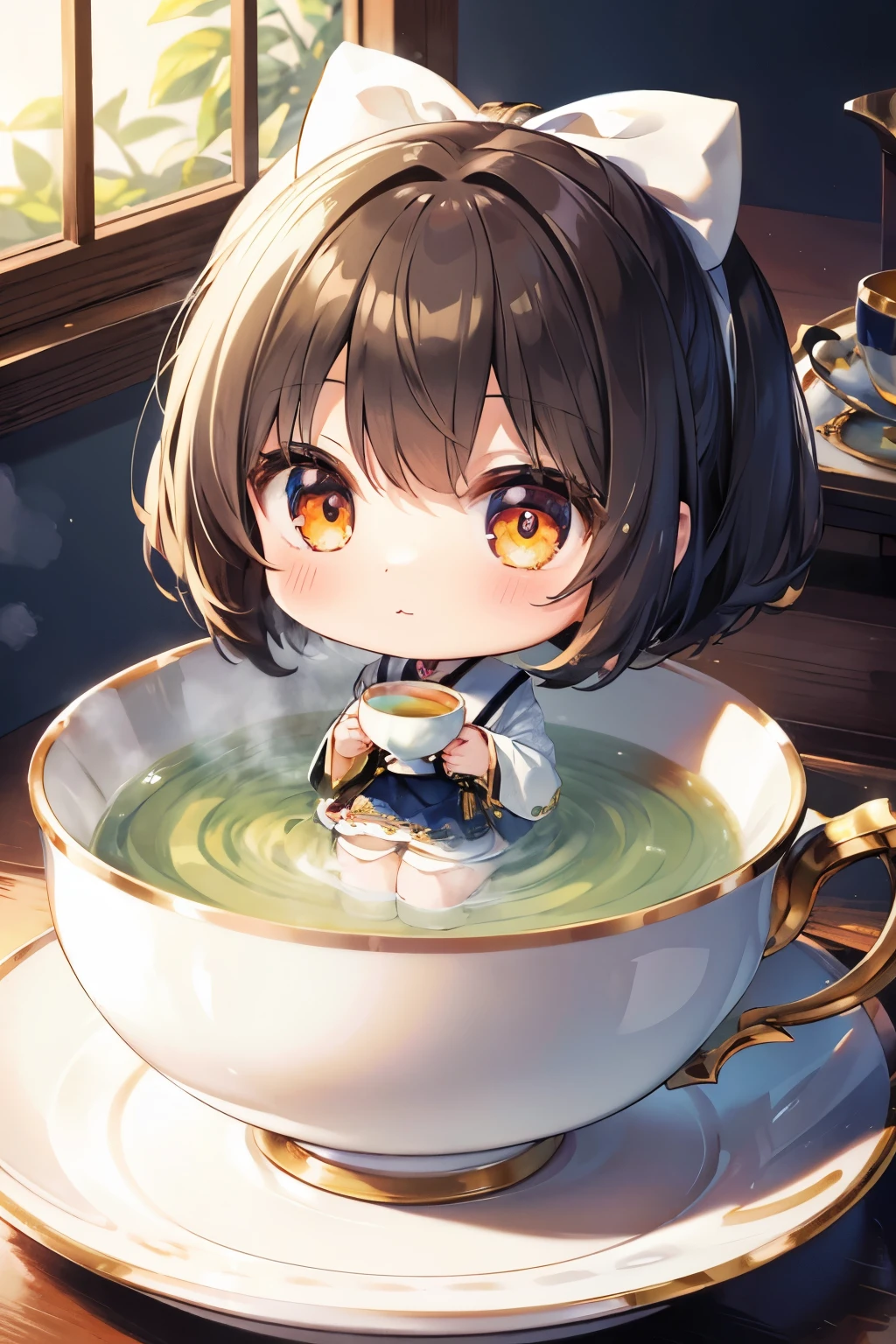 masterpiece,top-quality,Ultra-detail,(Chibi Chara (Tea cup Girl:1.2)),(Ochanoki,segment field),(in a teacup),Half-body bath,