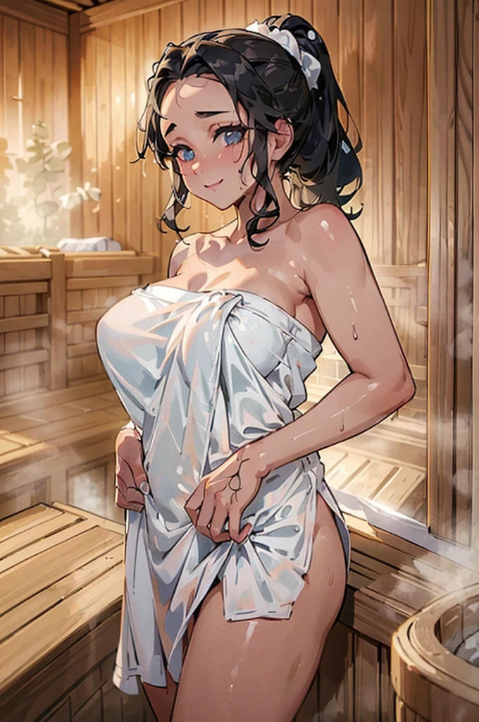 (((beautiful))), (((Wrap a towel naked, sauna))), ((Black Hair, ponytail, Chubby)), One Woman, Huge Saggy Tits, Sweat, Glowing Skin, Wet Skin, (((Intricate details))), High resolution, ((Intricate details, Ultra-detailed)), whole body, Are standing, (looking at viewer, look at viewer), Red cheeks, smile, saunaルーム, steam