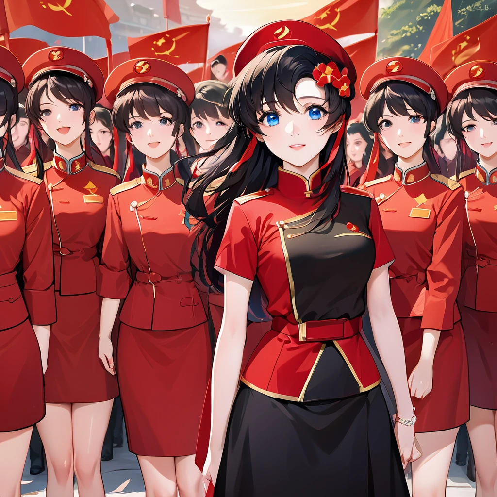 ((Highest quality)), ((masterpiece)), (detailed), (Perfect Face)、The woman is a Chinese Lacus Clyne with blue eyes and medium-long black hair. She is wearing an engagement ring. She has become a member of the glorious Chinese Communist Party and has sworn absolute loyalty to the Chinese Communist Party. She is a righteous Communist Party member of China.、The woman is wearing the fine red uniform of a Chinese Communist Party member.、For the sake of China, they dye their hair, hairstyle, clothes, and everything they wear belongs to the Chinese Communist Party, and their thoughts are also Chinese, becoming great Chinese in body and mind.、The woman became Lacus Clyne, a Chinese woman who was proud of and loved China.、She is working for China as a member of the great Chinese Communist Party.、The women lined up in orderly rows with their fellow Communist Party members at the ceremony, pledging their heartfelt loyalty to their beloved and great President, and expressing their enthusiastic support for the honor of serving him.、She is a good Communist