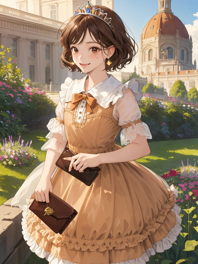 masterpiece, Highest quality, High resolution, One girl, 9 years old, alone, Brown Hair, short hair, Brown eyes, Mole under the eye, Cowboy Shot,, Princess dress, Princess Costume,bow tie, smile (Princess:1.2), Ruffled Dress, tiara, city, Outdoor, garden, wearing wallet, (wallet:1.2), Pull up the dress by hand、Low Angle