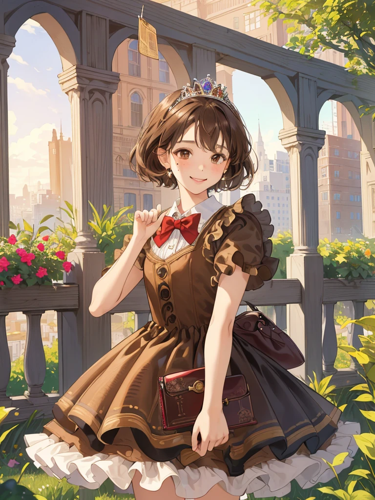 masterpiece, Highest quality, High resolution, One girl, 9 years old, alone, Brown Hair, short hair, Brown eyes, Mole under the eye, Cowboy Shot,, Princess dress, Princess Costume,bow tie, smile (Princess:1.2), Ruffled Dress, tiara, city, Outdoor, garden, wearing wallet, (wallet:1.2), Pull up the dress by hand、Low Angle