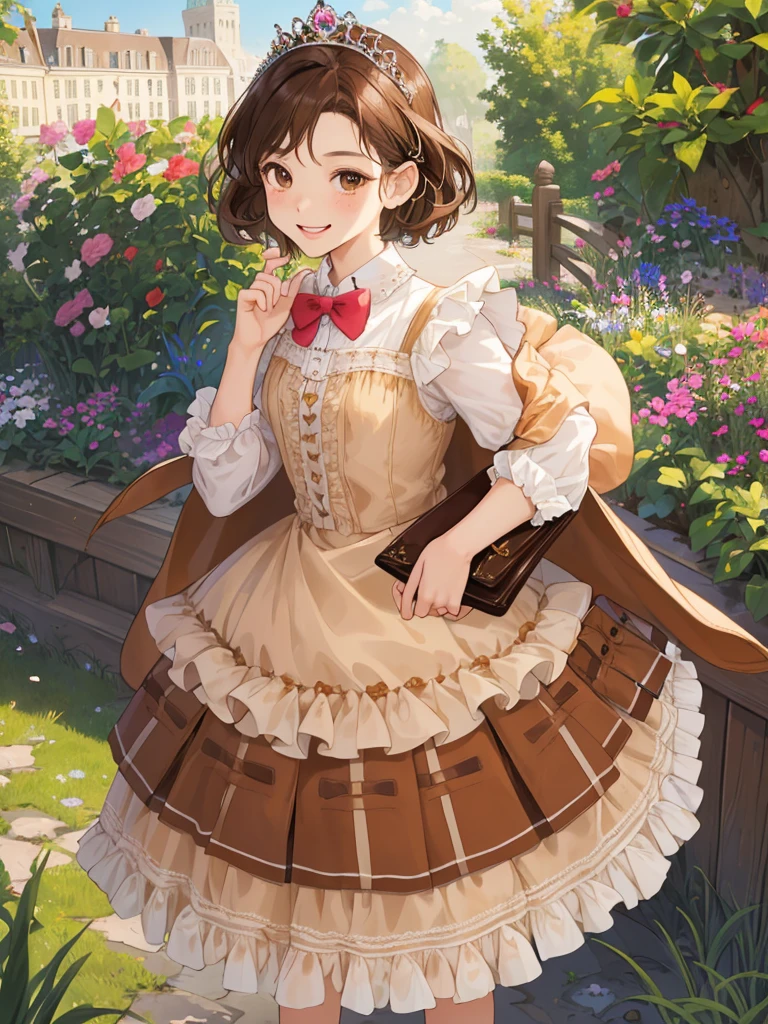 masterpiece, Highest quality, High resolution, One girl, 9 years old, alone, Brown Hair, short hair, Brown eyes, Mole under the eye, Cowboy Shot,, Princess dress, Princess Costume,bow tie, smile (Princess:1.2), Ruffled Dress, tiara, city, Outdoor, garden, wearing wallet, (wallet:1.2), Pull up the dress by hand、Low Angle