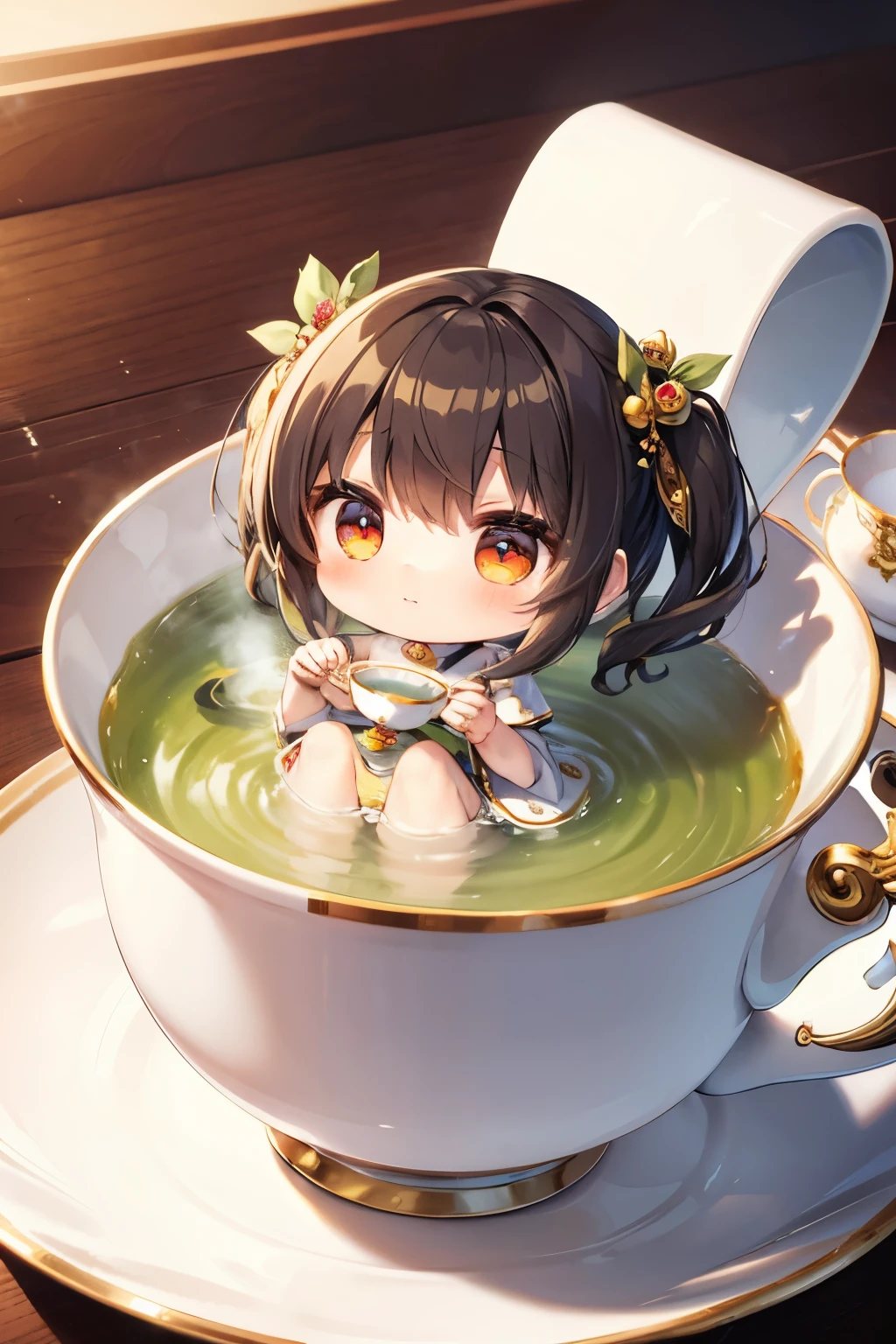 masterpiece,top-quality,Ultra-detail,(Chibi Chara (Tea cup Girl:1.2)),(Ochanoki,segment field),(in a teacup),Half-body bath,