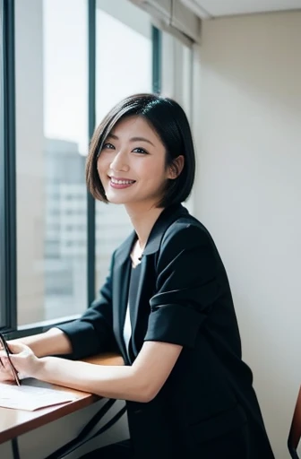 A young and model-like beautiful Japanese woman、Sitting at a desk in a study room、ペンを持ちながら思案しing。She is wearing a black jacket、白いシャツをインナーにしing。with short bob hairstyle、Length that covers the ears。The woman holds the pen up to her chin with her right hand、ing。彼女は集中しingような表情で、Smiling gently。In the background, the white wall of the study room is vaguely visible.、Details are modest、主に女性が焦点となっing。