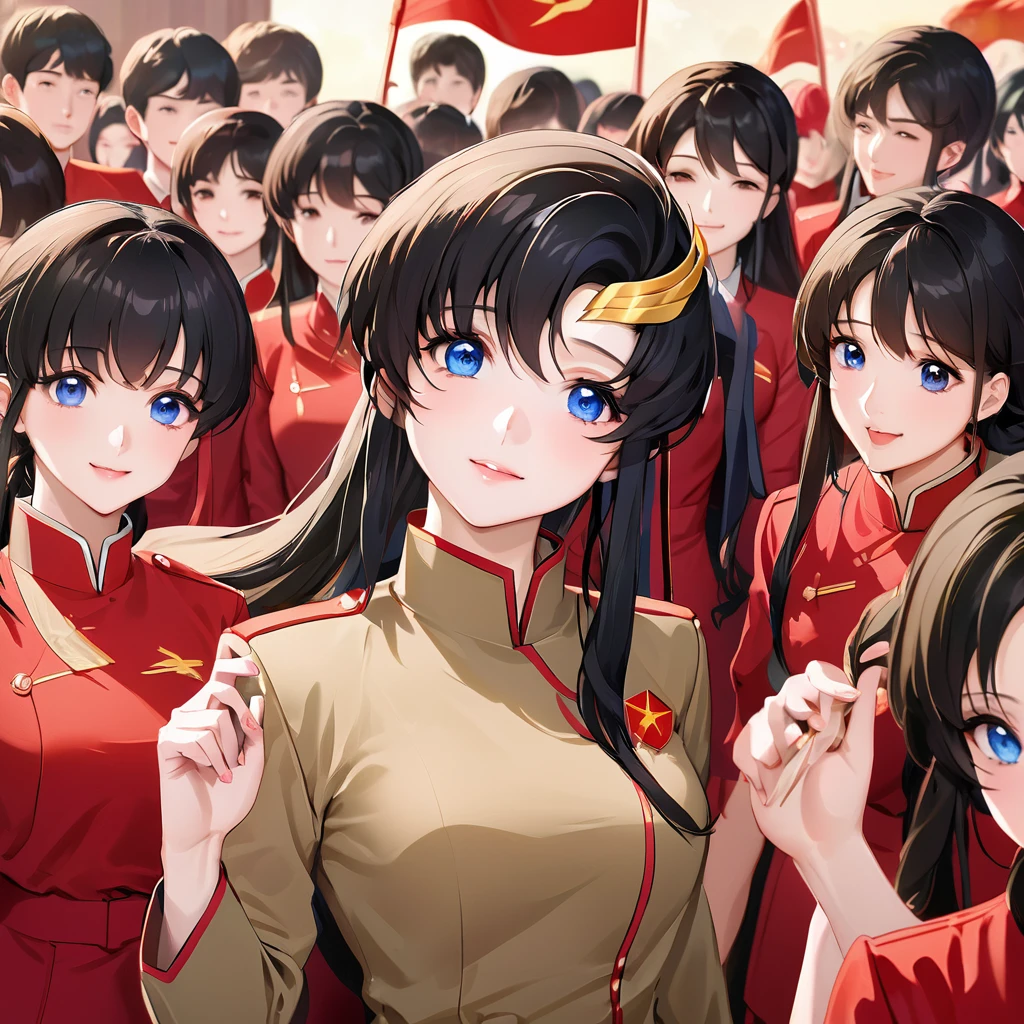 ((Highest quality)), ((masterpiece)), (detailed), (Perfect Face)、The woman is a Chinese Lacus Clyne with blue eyes and medium-long black hair. She is wearing an engagement ring. She has become a member of the glorious Chinese Communist Party and has sworn absolute loyalty to the Chinese Communist Party. She is a righteous Communist Party member of China.、The woman is a member of the Chinese Communist Party and is wearing a khaki Mao suit.、For the sake of China, they dye their hair, hairstyle, clothes, and everything they wear belongs to the Chinese Communist Party, and their thoughts are also Chinese, becoming great Chinese in body and mind.、The woman became Lacus Clyne, a Chinese woman who was proud of and loved China.、She is working for China as a member of the great Chinese Communist Party.、The women lined up in orderly rows with their fellow Communist Party members at the ceremony, pledging their heartfelt loyalty to their beloved and great President, and expressing their enthusiastic support for the honor of serving him.、She is a good Communist