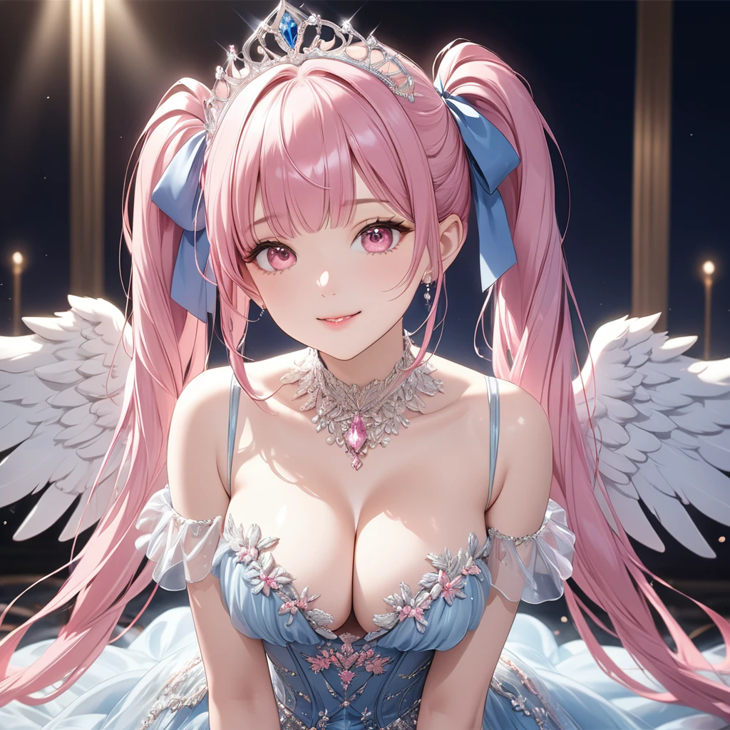 (8k, masutepiece, Best Quality, Official art, beautiful detailed, beautiful lighting, best masterpiece in history that exceeds limits), (1 Girl, solo), (sixteen years old), (beautiful detailed face), (shiny white skin), (Beautiful big bust, cleavage:1.2), (Beautiful detailed pink twintails hair, Bangs:1.3), (beautiful detailed drooping pink eyes:1.5), (Beautiful Luxurious blue Princess Dresses, See-through intricate lace, cute bow ribbon, a lot of see-through frill, sheer chiffon material, silver thread, Diamond, pearl, corset), (Beautiful Luxurious Diamonds Tiara), (happy smile:1.2), breathtaking scenery, (back, Attractive, looking back), (Beautiful fantastic angel wings, halo:1.3)
