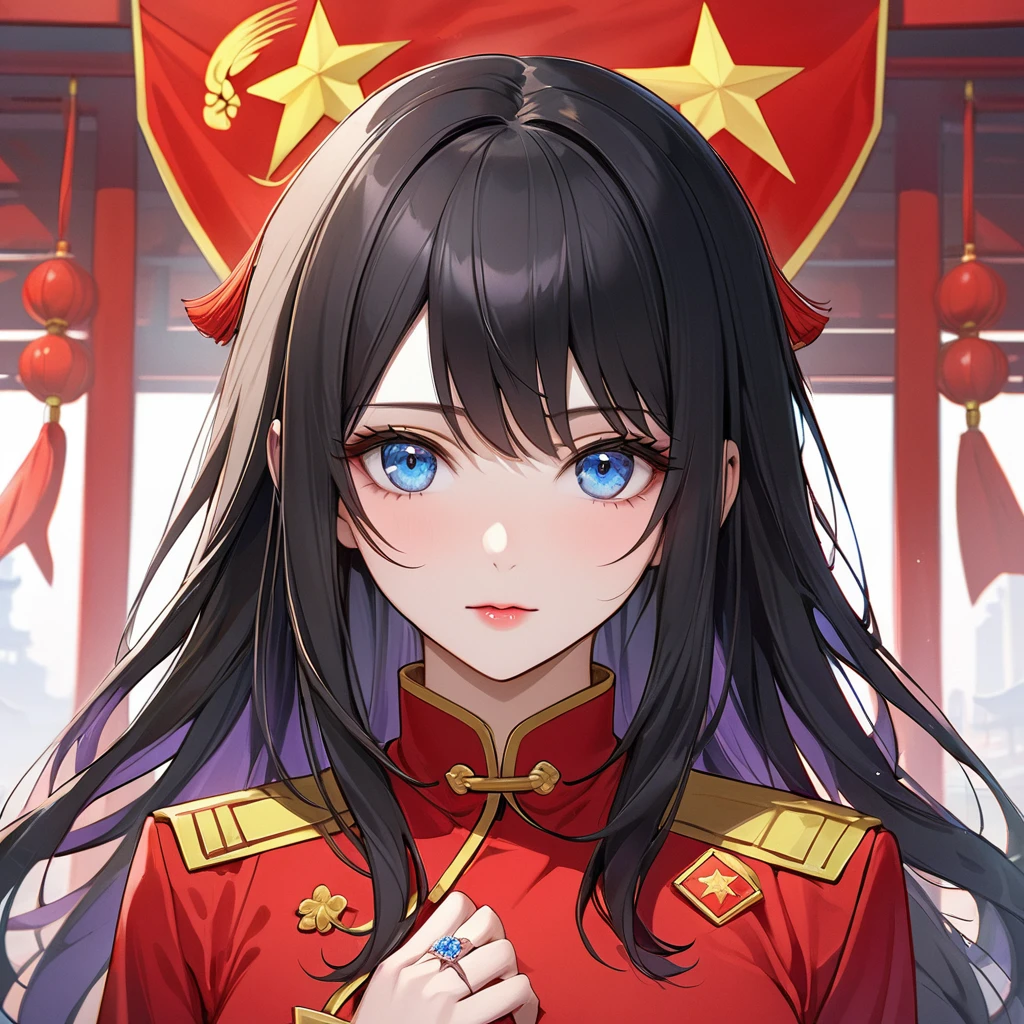 ((Highest quality)), ((masterpiece)), (detailed), (Perfect Face)、The woman is a Chinese Lacus Clyne with blue eyes and medium-long black hair. She is wearing an engagement ring. She has become a member of the glorious Chinese Communist Party and has sworn absolute loyalty to the Chinese Communist Party. She is a righteous Communist Party member of China.、The woman is wearing a magnificent Chinese Communist Party member's wedding dress.、For the sake of China, they dye their hair, hairstyle, clothes, and everything they wear belongs to the Chinese Communist Party, and their thoughts are also Chinese, becoming great Chinese in body and mind.、The woman became Lacus Clyne, a Chinese woman who was proud of and loved China.、The woman is chosen by a great Chinese Communist Party official and is given the honor of becoming his wife.、The woman looks happy being held in the arms of a great Chinese Communist Party official.、The woman is the wife of a glorious Chinese Communist Party official.、The man is a great Chinese Communist Party official, a dignified and imposing old man who marries the woman.、The man and woman are having a grand wedding