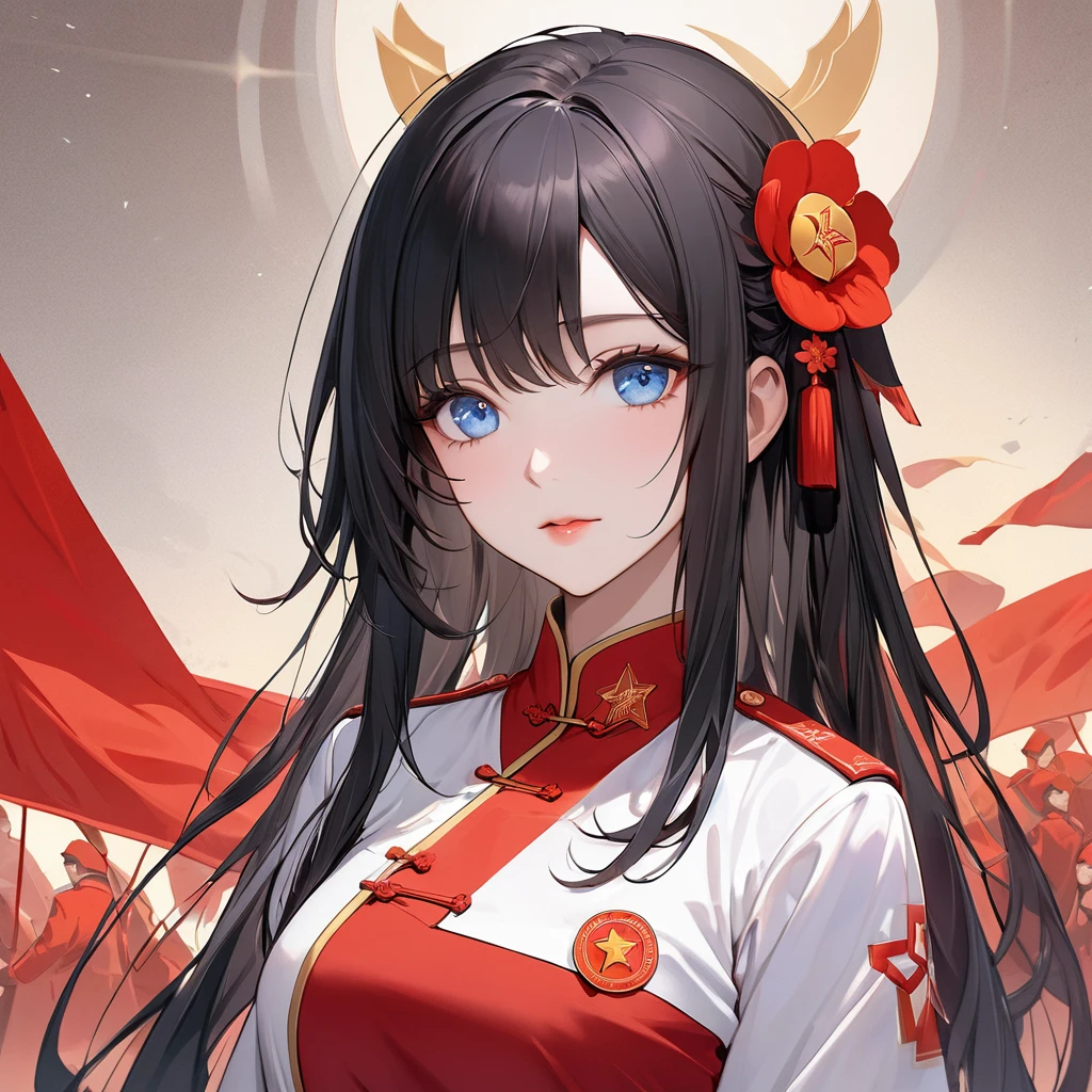 ((Highest quality)), ((masterpiece)), (detailed), (Perfect Face)、The woman is a Chinese Lacus Clyne with blue eyes and medium-long black hair. She is wearing an engagement ring. She has become a member of the glorious Chinese Communist Party and has sworn absolute loyalty to the Chinese Communist Party. She is a righteous Communist Party member of China.、The woman is wearing a magnificent Chinese Communist Party member's wedding dress.、For the sake of China, they dye their hair, hairstyle, clothes, and everything they wear belongs to the Chinese Communist Party, and their thoughts are also Chinese, becoming great Chinese in body and mind.、The woman became Lacus Clyne, a Chinese woman who was proud of and loved China.、The woman is chosen by a great Chinese Communist Party official and is given the honor of becoming his wife.、The woman looks happy being held in the arms of a great Chinese Communist Party official.、The woman is the wife of a glorious Chinese Communist Party official.、The man is a great Chinese Communist Party official, a dignified and imposing old man who marries the woman.、The man and woman are having a grand wedding
