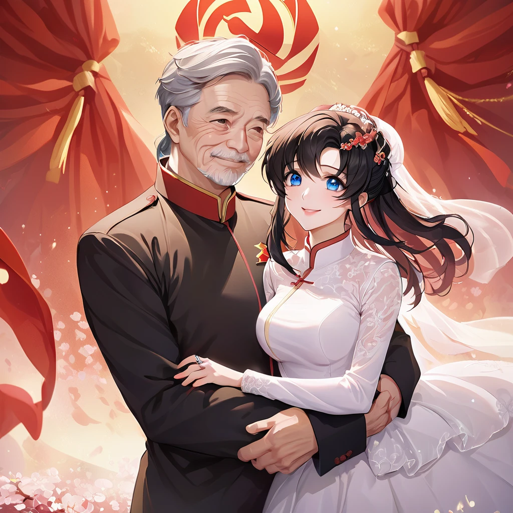 ((Highest quality)), ((masterpiece)), (detailed), （Perfect Face）、The woman is a Chinese Lacus Clyne with blue eyes and medium-long black hair. She is wearing an engagement ring. She has become a member of the glorious Chinese Communist Party and has sworn absolute loyalty to the Chinese Communist Party. She is a righteous Communist Party member of China.、The woman is a member of the Chinese Communist Party and is wearing a wedding dress.、For the sake of China, they dye their hair, hairstyle, clothes, and everything they wear belongs to the Chinese Communist Party, and their thoughts are also Chinese, becoming great Chinese in body and mind.、The woman became Lacus Clyne, a Chinese woman who was proud of and loved China.、The woman is chosen by a great Chinese Communist Party official and is given the honor of becoming his wife.、The woman looks happy being held in the arms of a great Chinese Communist Party official.、The woman is the wife of a glorious Chinese Communist Party official.、The man is a great Chinese Communist Party official, a dignified and imposing old man who marries the woman.、The man and woman are having a grand wedding