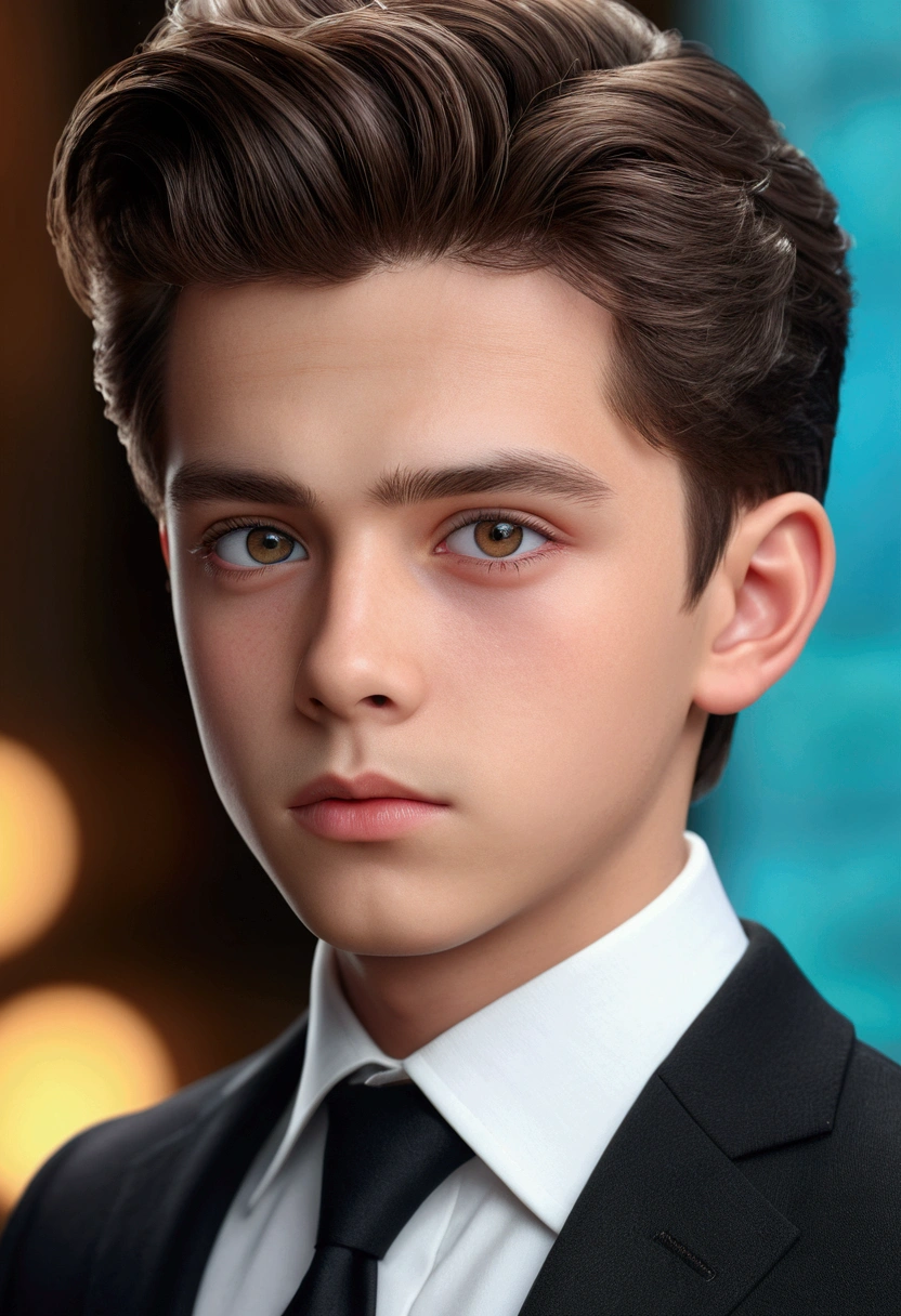 1 cute boy with ivory skin, amber eyes, bright pupils, dark brown hair, large pompadour hairstyle, extremely detailed facial features, beautiful detailed eyes, beautiful detailed lips, detailed portrait, (best quality,4k,8k,highres,masterpiece:1.2),ultra-detailed,(realistic,photorealistic,photo-realistic:1.37),HDR,UHD,studio lighting,ultra-fine painting,sharp focus,physically-based rendering,extreme detail description,professional,vivid colors,bokeh,digital art,concept art,highly detailed