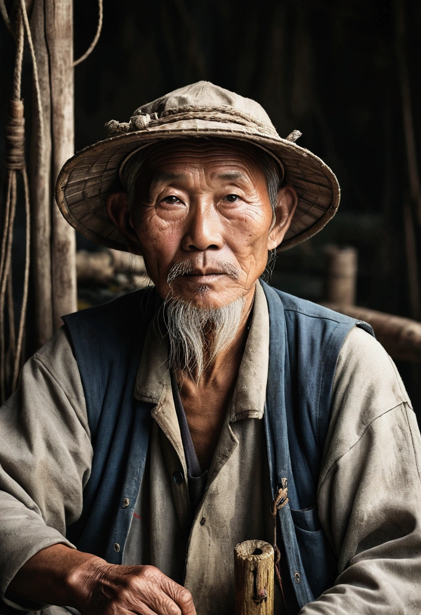 China-style,Old fishermen,Portrait works,Photographic works,Ultimate detail,Reasonable composition,tmasterpiece,high-class,figure portrait,8K,Movie light source,high qulity,