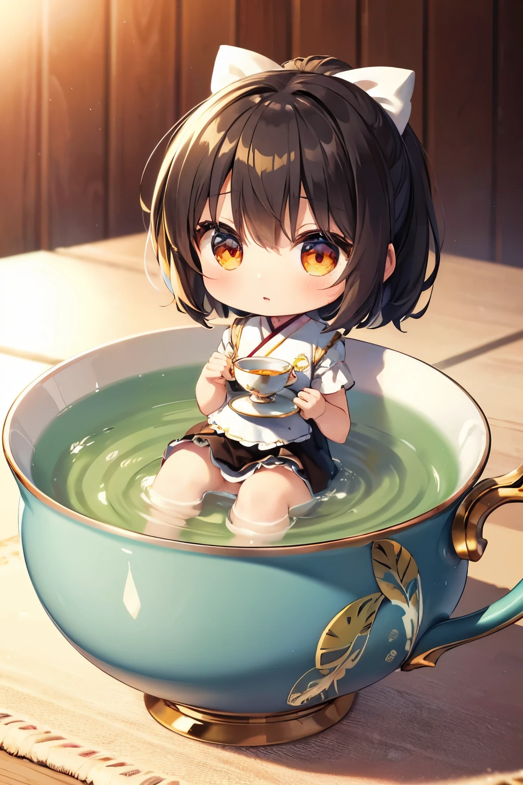 masterpiece,top-quality,Ultra-detail,(Chibi Chara (Tea cup Girl:1.2)),(Ochanoki,segment field),(in a teacup),Half-body bath,