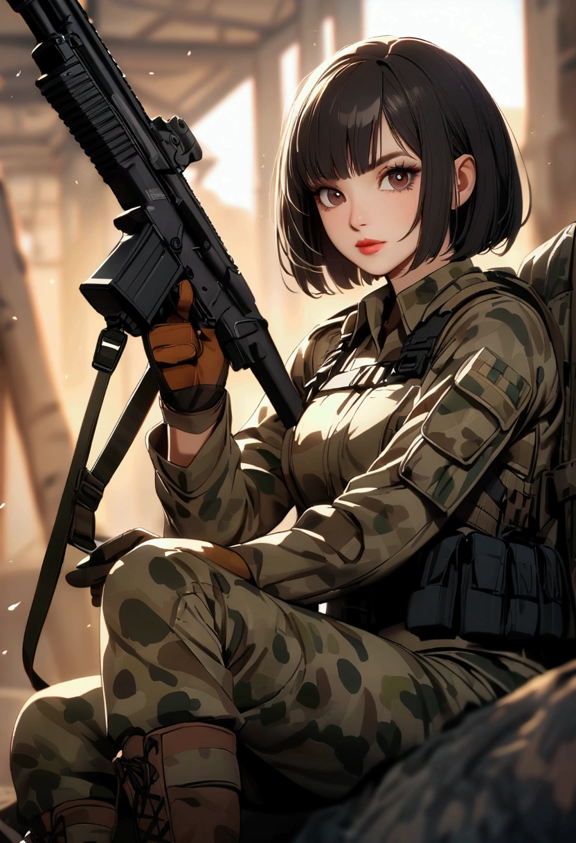 slender, mature female,rating:safe, 1girl, blurry, depth_of_field, blurry_foreground, weapon, solo, camouflage, gun, military, short_hair, military_uniform, uniform, black_hair, boots, rifle, lips, sitting, black_eyes, gloves, looking_at_viewer, brown_eyes, assault_rifle, bob_cut, bangs,
