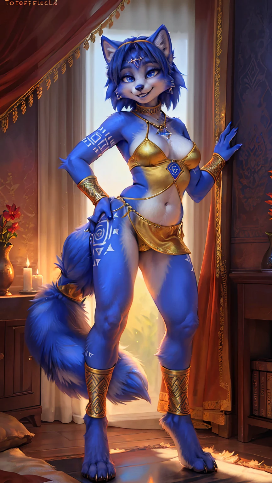 A beautiful and detailed (sweet picture) wa ((krystal)), Star Fox Krystal, sslim, lovable, grüne augen, medium breasts, (((Long blue hair 1.3))),  ((black hair tips)), Decollete, grin, look up,, anthro, furry, Uploaded E621, detailed fluffy fur, (wa Fluff-Kevlar, Bayard Wu, personalize me, Pino Daeni), detailed face, (fluffy), 1 girl, alone,  Tribal clothing, sweet girl, alone, detailed background, dimly lit chamber with ornate decorations and velvet curtains, a(pentagram)drawn on the floor, flickering candlelight casting eerie shadows. Standing at the center is a((slim and seductive)(Krystal:1.2))female, (vibrant orange fur), (faszinierende blaue augen, that sparkle with mischief), wearing an alluring succubus outfit that hugs her form like a second skin. The outfit consists of tight-fitting corset decorated with intricate lace, revealing just enough to tantalize the viewer's imagination.(long flowing tail wrapped around her leg). Her mischievous smile gives away her otherworldly nature as she exudes an aura of temptation and allure., (wa Kenket|by totesfleisch8|by thebigslick), alone

