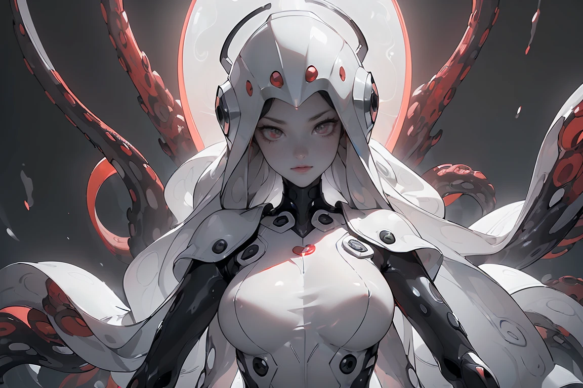 Mechanical Creature, ((Masterpiece, top quality, high resolution, highly detailed CG unified 8K wallpaper)), (huge stunning goddess shot, very hot and sexy, jaw-dropping beauty, perfect proportions, beautiful body, slim body beauty:1.3), A mechanical creature appears in a city and hunts humans, (a multi-legged creature covered in white armor all over its body, helmet-like head shape, multiple sensor-like eyes glowing red, squid-like lower body, tentacles, black and white body with a plastic sheen:1.5), brutal and emotionless,