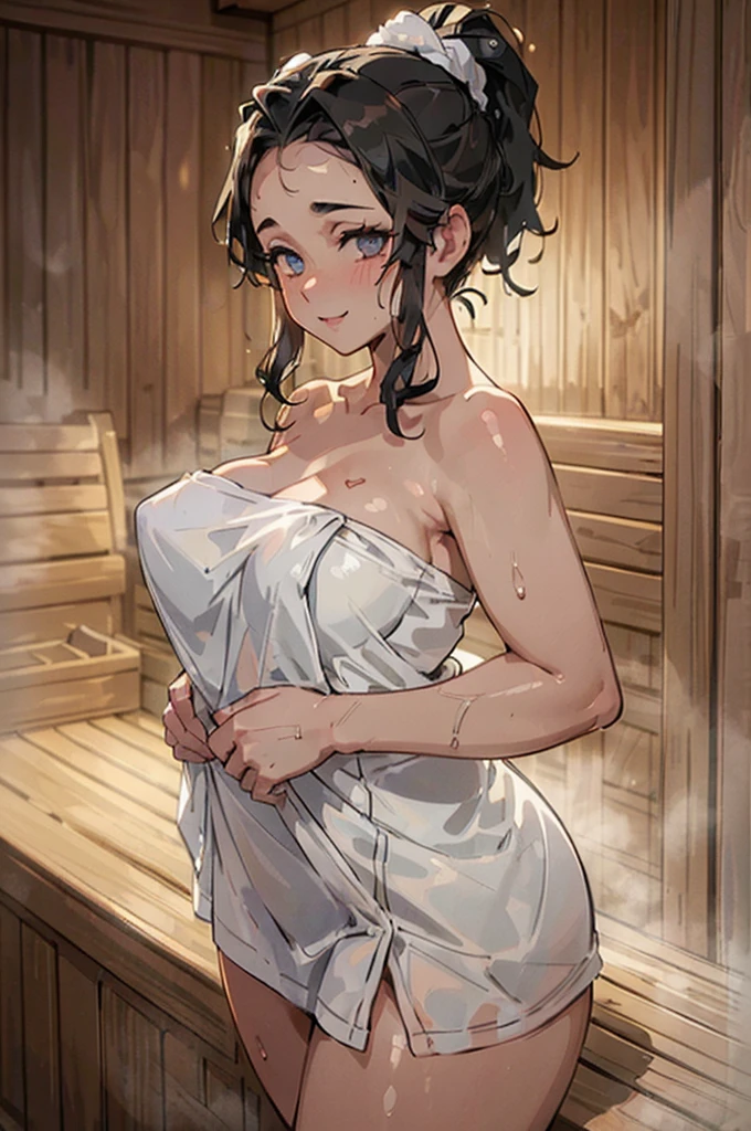 (((beautiful))), (((Wrap a towel naked, sauna))), ((Black Hair, ponytail, Chubby)), One Woman, Huge Saggy Tits, Sweat, Glowing Skin, Wet Skin, (((Intricate details))), High resolution, ((Intricate details, Ultra-detailed)), whole body, Are standing, (looking at viewer, look at viewer), Red cheeks, smile, saunaルーム, steam