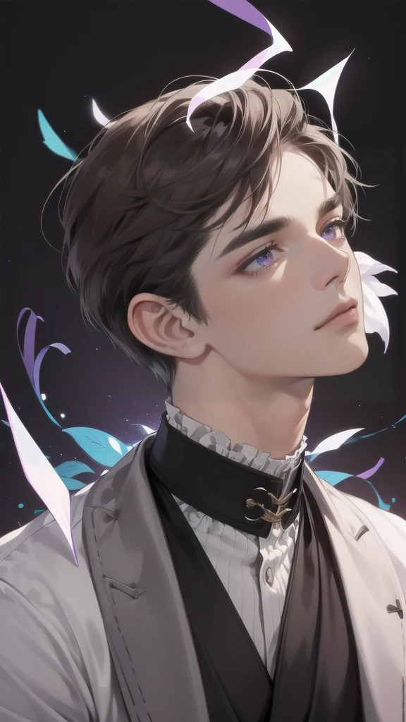 masterpiece, best quality, Practical, 1 person, Mature male, A quiet and charming young man, 36 years old, Close his blue eyes, Serious look, Extremely detailed face, giggle, ((Dark gray-purple eyes)), ((Short dark brown hair)), [Thick eyebrows], detective, black background, Victorian Era, light, Background size is larger than man
