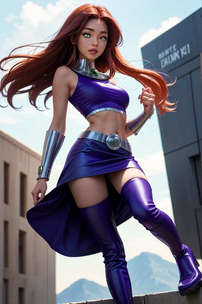 (masterpiece, Best quality), 1 girl,   Starfire, orange skin, Red hair, forget, Crop top, bracelet, bracers, life, skirt, purple skirt, Thigh High Boots