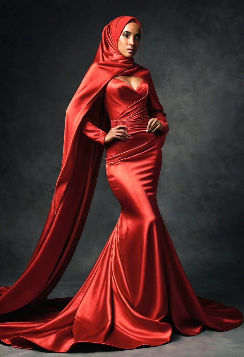 woman wrapped in a red satin cloth mimicking a mermaid gown with a striking large train, the cloth clings tightly to her figure, incorporates a hijab, standing with poise, dramatic lighting, volumetric textures, ultra realistic, golden ratio.