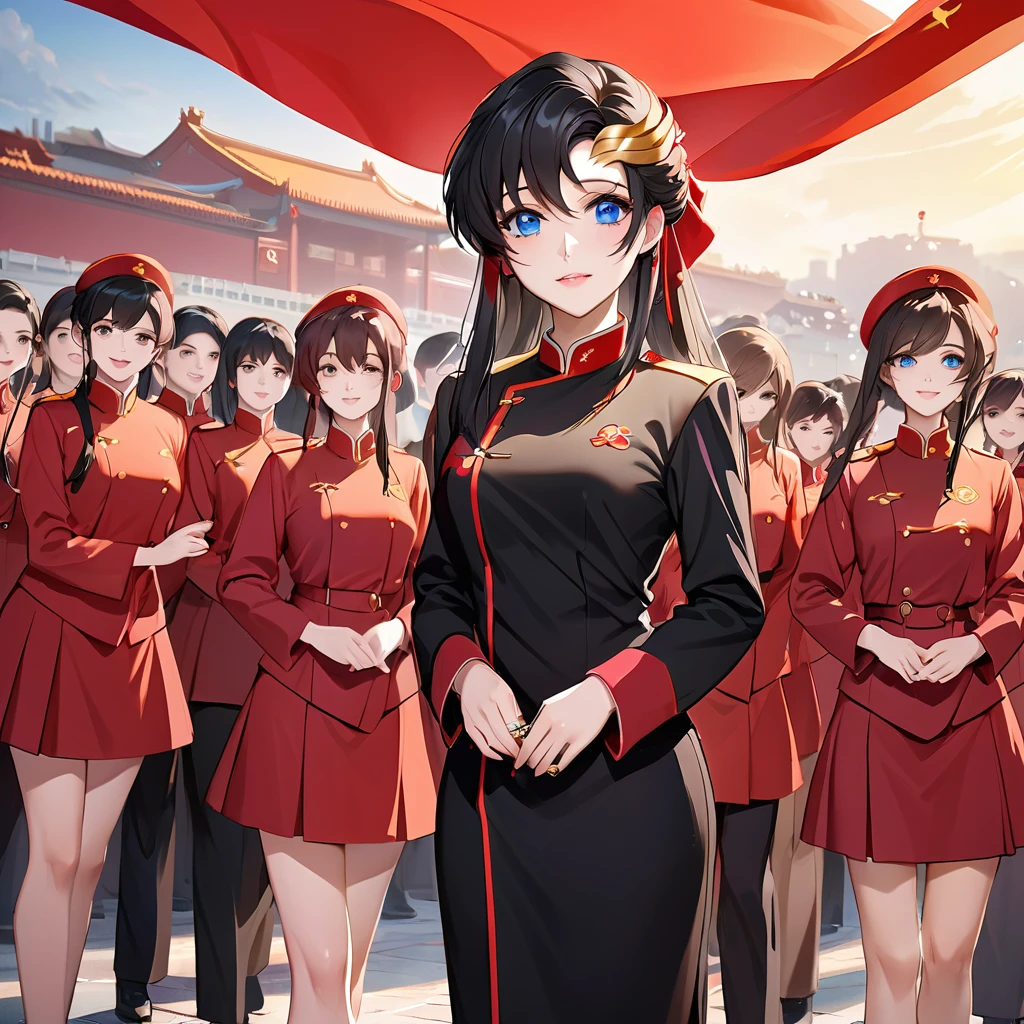 ((Highest quality)), ((masterpiece)), (detailed), (Perfect Face)、The woman is a Chinese Lacus Clyne with blue eyes and medium-long black hair. She is wearing an engagement ring. She has become a member of the glorious Chinese Communist Party and has sworn absolute loyalty to the Chinese Communist Party. She is a righteous Communist Party member of China.、The woman is wearing the fine red uniform of a Chinese Communist Party member.、For the sake of China, they dye their hair, hairstyle, clothes, and everything they wear belongs to the Chinese Communist Party, and their thoughts are also Chinese, becoming great Chinese in body and mind.、The woman became Lacus Clyne, a Chinese woman who was proud of and loved China.、She is working for China as a member of the great Chinese Communist Party.、The women lined up in orderly rows with their fellow Communist Party members at the ceremony, pledging their heartfelt loyalty to their beloved and great President, and expressing their enthusiastic support for the honor of serving him.、She is a good Communist