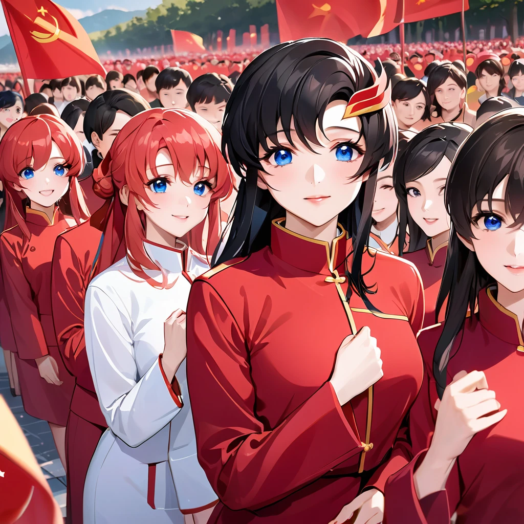 ((Highest quality)), ((masterpiece)), (detailed), (Perfect Face)、The woman is a Chinese Lacus Clyne with blue eyes and medium-long black hair. She is wearing an engagement ring. She has become a member of the glorious Chinese Communist and has sworn absolute loyalty to the Chinese Communist Party is a righteous Communist Party memb China.、The woman is a member of the Chinese Communist Party and is we a khaki Mao suit.、For the sake of China, they dye their hair, hairstyle, clothes, and everything they wear belongs to the Chinese Communist Party, and their tho are also Chinese, becoming great Chinese in body and mind.、The woman became Lacus Clyne, a Chinese woman who was proud of and loved China.、She is working for China as a member of the great Chinese Communist Party.、The women lined uprderly rows with their fellow Communist Party members at the ceremony,ging their heartfelt loyalty to their beloved and great President, and expressing their enthusiastic support for the honor of serving him.、She is a good Communist