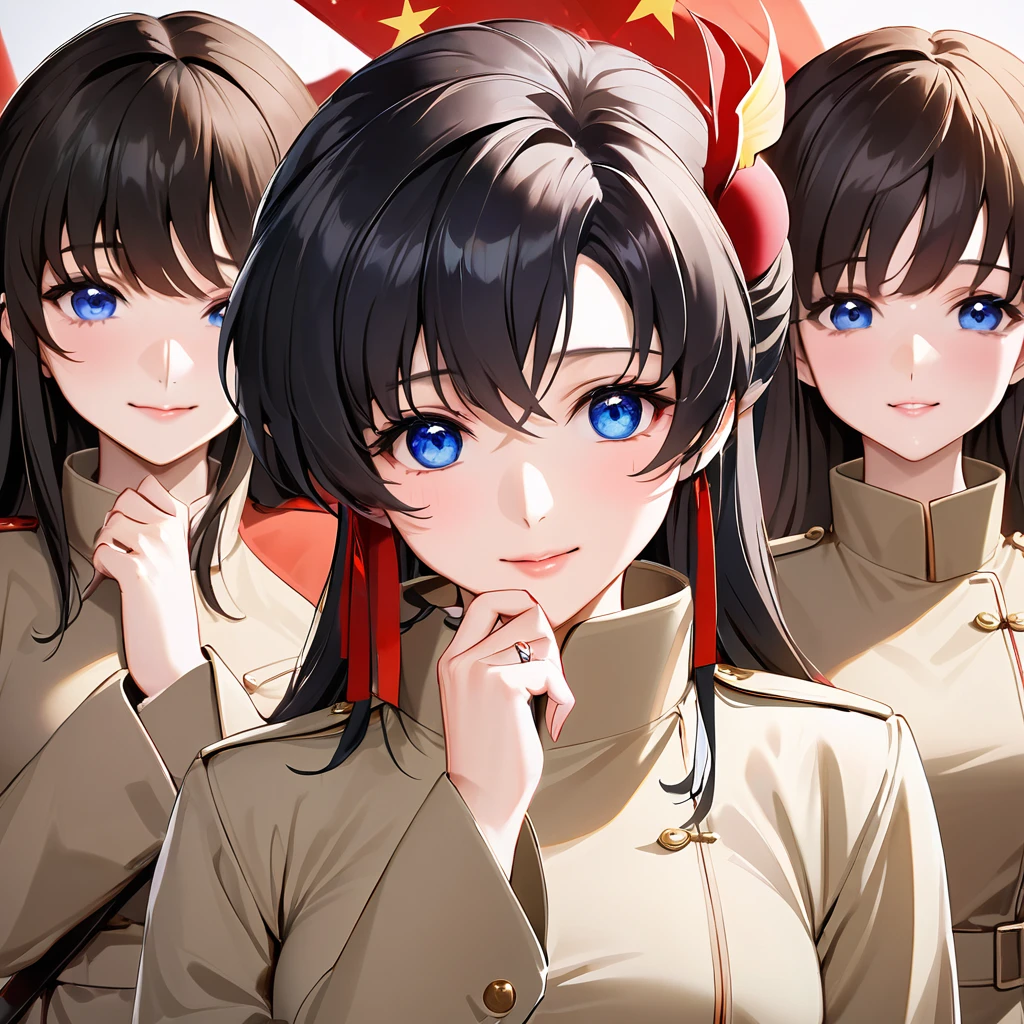 ((Highest quality)), ((masterpiece)), (detailed), （Perfect Face）、The woman is a Chinese Lacus Clyne with blue eyes and medium-long black hair. She is wearing an engagement ring. She has become a member of the glorious Chinese Communist Party and has sworn absolute loyalty to the Chinese Communist Party. She is a righteous Communist Party member of China.、The woman is a member of the Chinese Communist Party and is wearing a khaki Mao suit.、For the sake of China, they dye their hair, hairstyle, clothes, and everything they wear belongs to the Chinese Communist Party, and their thoughts are also Chinese, becoming great Chinese in body and mind.、The woman became Lacus Clyne, a Chinese woman who was proud of and loved China.、She is working for China as a member of the great Chinese Communist Party.、The women lined up in orderly rows with their fellow Communist Party members at the ceremony, pledging their heartfelt loyalty to their beloved and great President, and expressing their enthusiastic support for the honor of serving him.、She is a good Communist