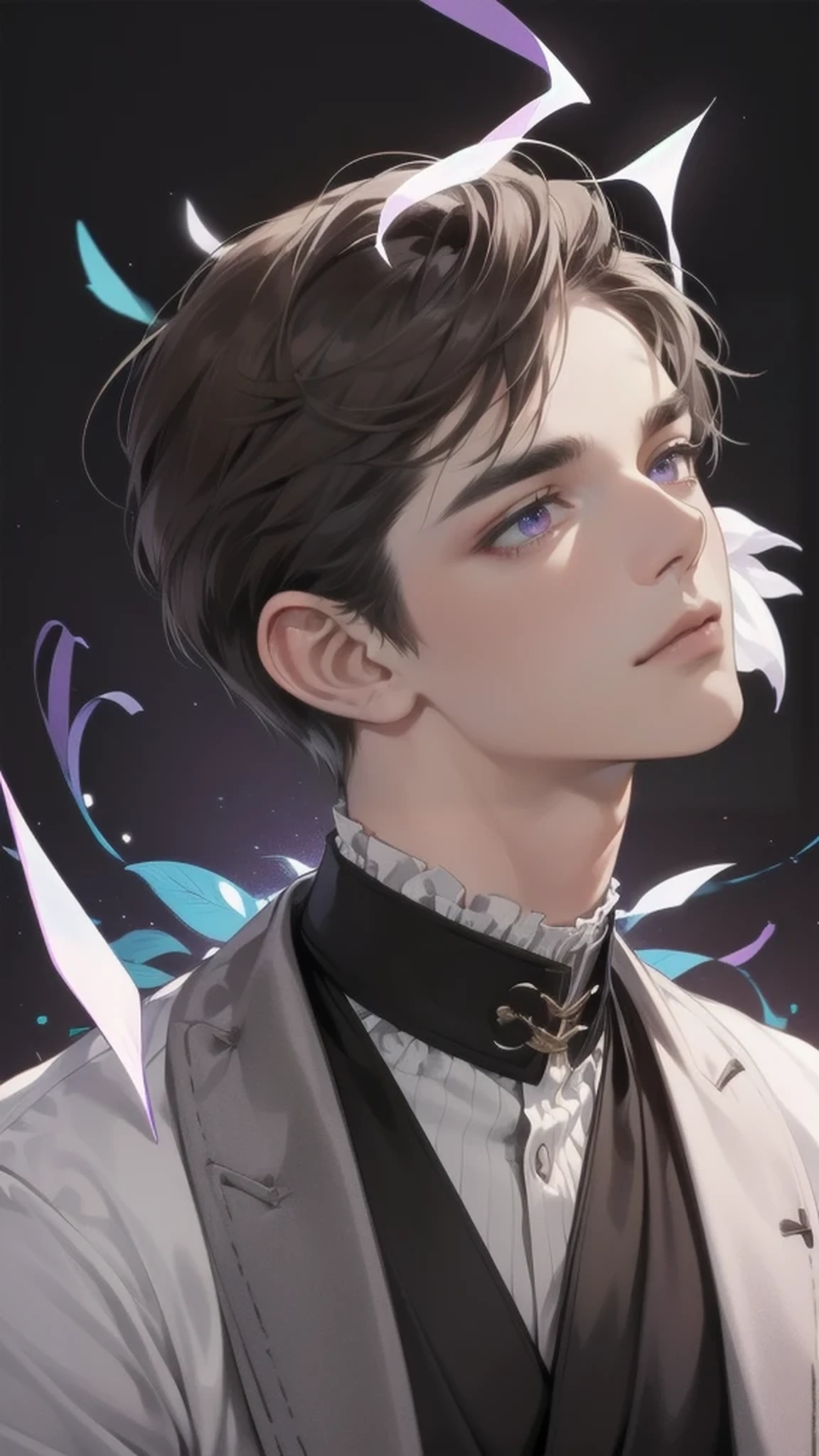 masterpiece, best quality, Practical, 1 person, Mature male, A quiet and charming young man, 36 years old, Close his blue eyes, Serious look, Extremely detailed face, giggle, ((Dark gray-purple eyes)), ((Short dark brown hair)), [Thick eyebrows], detective, black background, Victorian Era, light, Background size is larger than man