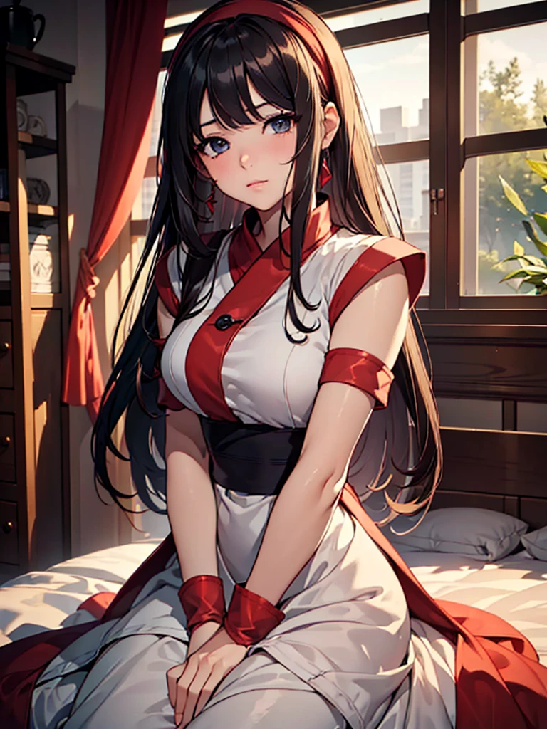 (masterpiece、top-quality、hight resolution、Unity 8k、extremely details CG:1,Best Picture), A girl in search of a partner for the night. She has a seductive look on her face. Set the scene in a quiet, dimly lit room to create an atmosphere of seduction. Everyday clothing, hairband, red ribbon