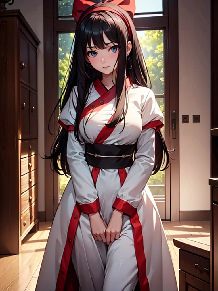 (masterpiece、top-quality、hight resolution、Unity 8k、extremely details CG:1,Best Picture), A girl in search of a partner for the night. She has a seductive look on her face. Set the scene in a quiet, dimly lit room to create an atmosphere of seduction. Everyday clothing, hairband, red ribbon