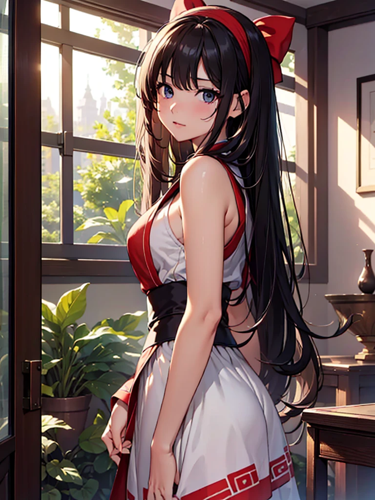 (​masterpiece、top-quality、hight resolution、Unity 8k、extremely details CG:1,Best Picture), A girl in search of a partner for the night. She has a seductive look on her face. Set the scene in a quiet, dimly lit room to create an atmosphere of seduction. Everyday clothing, hairband, red ribbon