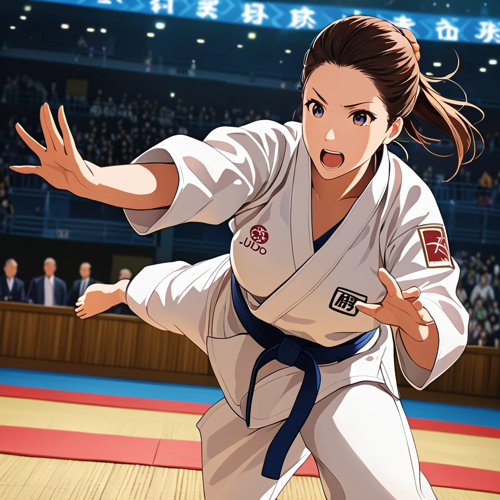 (best quality, finely detailed beautiful eyes, highres, beautiful detailed face), 
BREAK 
The image captures a dynamic judo match moment where a female judoka is performing a back throw. She is wearing a white judo gi with a black belt, and her concentrated expression highlights the tension in every muscle of her body. Her hair is pulled back in a ponytail, swaying with her movements. 
BREAK 
At the moment of the back throw, her female opponent, who is wearing a white judo gi with a blue belt, is thrown into the air. Her face shows surprise and fear, his body bent over, and his hands outstretched involuntarily. 
BREAK 
The match is taking place on tatami mats, with many spectators in the audience showing expressions of surprise and excitement. Sponsors’ logos and a scoreboard are visible, adding to the official feel of the match. 
BREAK 
Overall, the image beautifully captures the tension and dynamism of a judo match, with realistic and powerful movements and facial expressions of the athletes, as well as detailed backgrounds.