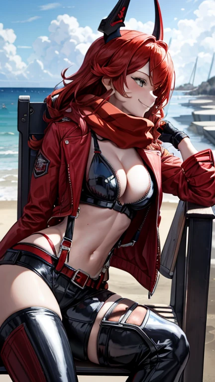 red jacket, cropped jacket, red scarf, unzipped bodysuit, suspenders, black pants, belt, fingerless gloves, asymmetrical legwear, hip vent, midriff, high heel boots , (smile) , 1girl , beach , Chair , sit , side view , Hold a beer in one hand , Black Horn、Looking up at the sky ,  relax , happy　、　Beautiful profile