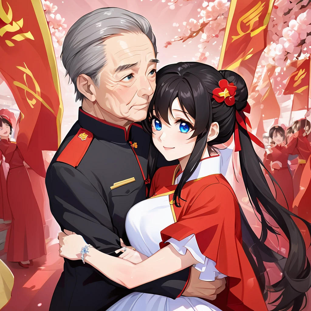 ((Highest quality)), ((masterpiece)), (detailed), （Perfect Face）、The woman is a Chinese Lacus Clyne with blue eyes and medium-long black hair. She is wearing an engagement ring. She has become a member of the glorious Chinese Communist Party and has sworn absolute loyalty to the Chinese Communist Party. She is a righteous Communist Party member of China.、The woman is a member of the Chinese Communist Party and is wearing a wedding dress.、For the sake of China, they dye their hair, hairstyle, clothes, and everything they wear belongs to the Chinese Communist Party, and their thoughts are also Chinese, becoming great Chinese in body and mind.、The woman became Lacus Clyne, a Chinese woman who was proud of and loved China.、The woman is chosen by a great Chinese Communist Party official and is given the honor of becoming his wife.、The woman looks happy being held in the arms of a great Chinese Communist Party official.、The woman is the wife of a glorious Chinese Communist Party official.、The man is a great Chinese Communist Party official, a dignified and imposing old man who marries the woman.、The man and woman are having a grand wedding