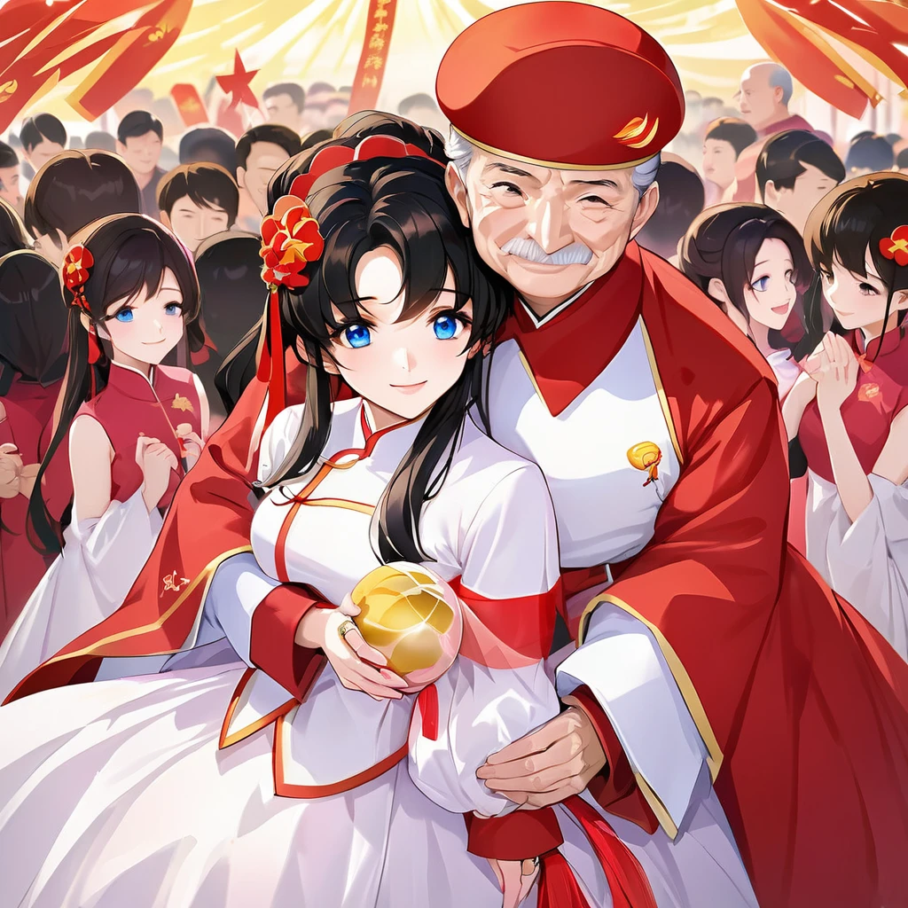 ((Highest quality)), ((masterpiece)), (detailed), (Perfect Face)、The woman is a Chinese Lacus Clyne with blue eyes and medium-long black hair. She is wearing an engagement ring. She has become a member of the glorious Chinese Communist Party and has sworn absolute loyalty to the Chinese Communist Party. She is a righteous Communist Party member of China.、The woman is a member of the Chinese Communist Party and is wearing a wedding dress.、For the sake of China, they dye their hair, hairstyle, clothes, and everything they wear belongs to the Chinese Communist Party, and their thoughts are also Chinese, becoming great Chinese in body and mind.、The woman became Lacus Clyne, a Chinese woman who was proud of and loved China.、The woman is chosen by a great Chinese Communist Party official and is given the honor of becoming his wife.、The woman looks happy being held in the arms of a great Chinese Communist Party official.、The woman is the wife of a glorious Chinese Communist Party official.、The man is a great Chinese Communist Party official, a dignified and imposing old man who marries the woman.、The man and woman are having a grand wedding