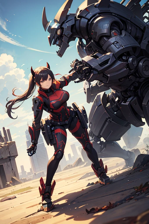 A girl fighting mechanical creatures