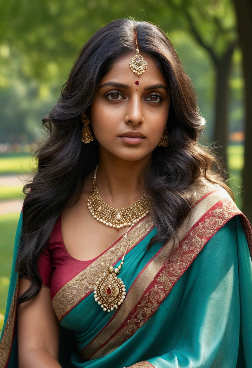 Portrait of A confident-looking Indian woman with long flowing hair, hazel eyes, with flowing capes, c-cup breast, sitting in the park, wearing silk saree, and too much cum in face, mouth  with focus on breast, perfect composition, hyperrealistic, super detailed, 8k, high quality, trending art, trending on artstation, sharp focus, studio photo, intricate details, highly detailed, art by greg rutkowski