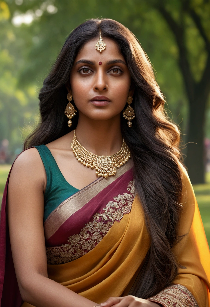 Portrait of A confident-looking Indian woman with long flowing hair, hazel eyes, with flowing capes, c-cup breast, sitting in the park, wearing silk saree, and too much cum in face, mouth  with focus on breast, perfect composition, hyperrealistic, super detailed, 8k, high quality, trending art, trending on artstation, sharp focus, studio photo, intricate details, highly detailed, art by greg rutkowski