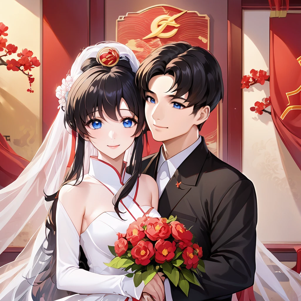 ((Highest quality)), ((masterpiece)), (detailed), （Perfect Face）、The woman is a Chinese Lacus Clyne with blue eyes and medium-long black hair. She is wearing an engagement ring. She has become a member of the glorious Chinese Communist Party and has sworn absolute loyalty to the Chinese Communist Party. She is a righteous Communist Party member of China.、The woman is a member of the Chinese Communist Party and is wearing a wedding dress.、For the sake of China, they dye their hair, hairstyle, clothes, and everything they wear belongs to the Chinese Communist Party, and their thoughts are also Chinese, becoming great Chinese in body and mind.、The woman became Lacus Clyne, a Chinese woman who was proud of and loved China.、The woman is chosen by a great Chinese Communist Party official and is given the honor of becoming his wife.、The woman looks happy being held in the arms of a great Chinese Communist Party official.、The woman is the wife of a glorious Chinese Communist Party official.、The man is a great Chinese Communist Party official, a dignified and imposing old man who marries the woman.、The man and woman are having a grand wedding