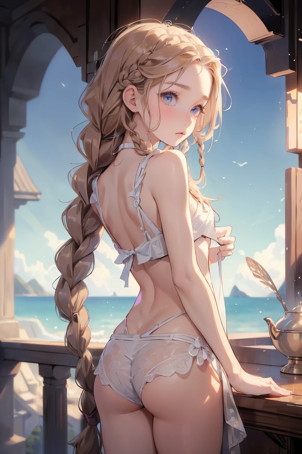 ((best quality)), ((masterpiece)), (detailed), 1girl, (big forhead:1.2),extremely detailed cute anime face, (((flat chest))), (flat chest:1.1),((((long twin braids,tight braids,long braid,braided hair,long hair)))),intricate eyes,beautiful detailed eyes,symmetrical eyes,(((detailed face))),beautiful detailed lips, looking at this, (((embarrassed))),(horrified expression),(panic),(crying),highres,(best quality),(ultra detailed,extremely detailed),perfect face details, ((masterpiece:1.4, best quality))+, (ultra detailed)+, long twintails, cute girl, (flat chest:1.1), small breasts, slim body, skinny, (narrow hips), prominent collarbones, skinny arms, flat stomach, visible hip bones, long hair, red hair, white hair, blonde hair, dark hair, ponytail, thick ponytail, heavy ponytail, small breasts, perfect face, small breasts (flat chest:1.1), NSFW, long revealing gown,Detailed body,Full limbs,(from behind), (turning), NSFW, (flat chest:1.1), nude