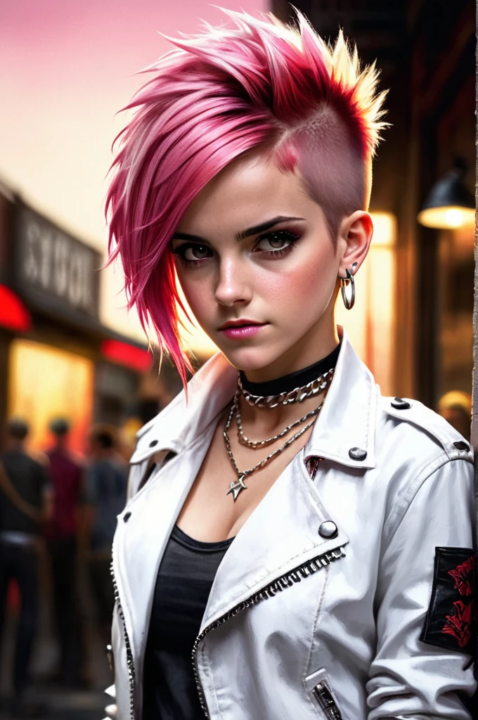 Grunge style emma watson,short blonde hair,pink hair,mohawk hairdo,choker,chains,red leather pants,white denim jacket,, HDR image,true to life image,soft eyes,natural skin,high detailed face,high detailed cloth,film photography,cinematic lighting,sharp focus,(very detailed),((4K HQ)),depth of field,8K,HDR,High contrast,shadows,bokeh,(detailed skin texture),(detailed clothing),(detailed background),(highly detailed skin),realistic texture,realistic shadows . Textured, distressed, vintage, edgy, punk rock vibe, dirty, noisy