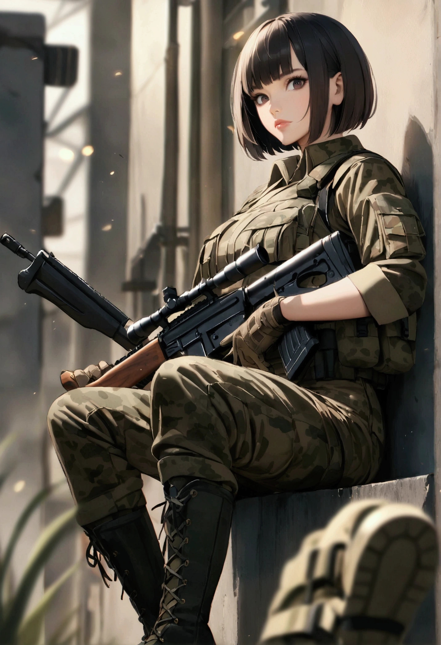 slender, mature female,rating:safe, 1girl, blurry, depth_of_field, blurry_foreground, weapon, solo, camouflage, gun, military, short_hair, military_uniform, uniform, black_hair, boots, rifle, lips, sitting, black_eyes, gloves, looking_at_viewer, brown_eyes, assault_rifle, bob_cut, bangs,