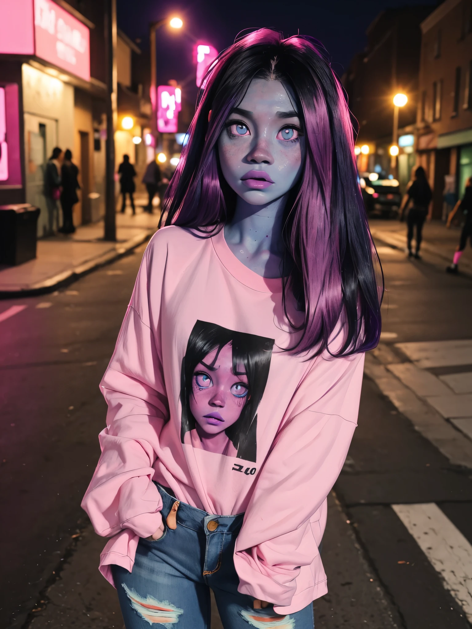 cute anime (zombie girl) with (dark purple straight hair), freckles, (((blue skin))), (((pink eyes))), pink nose. She makes peace hands, ahegao, full body shot, wearing a black t-shirt and a ripped jeans standing on street, at night.