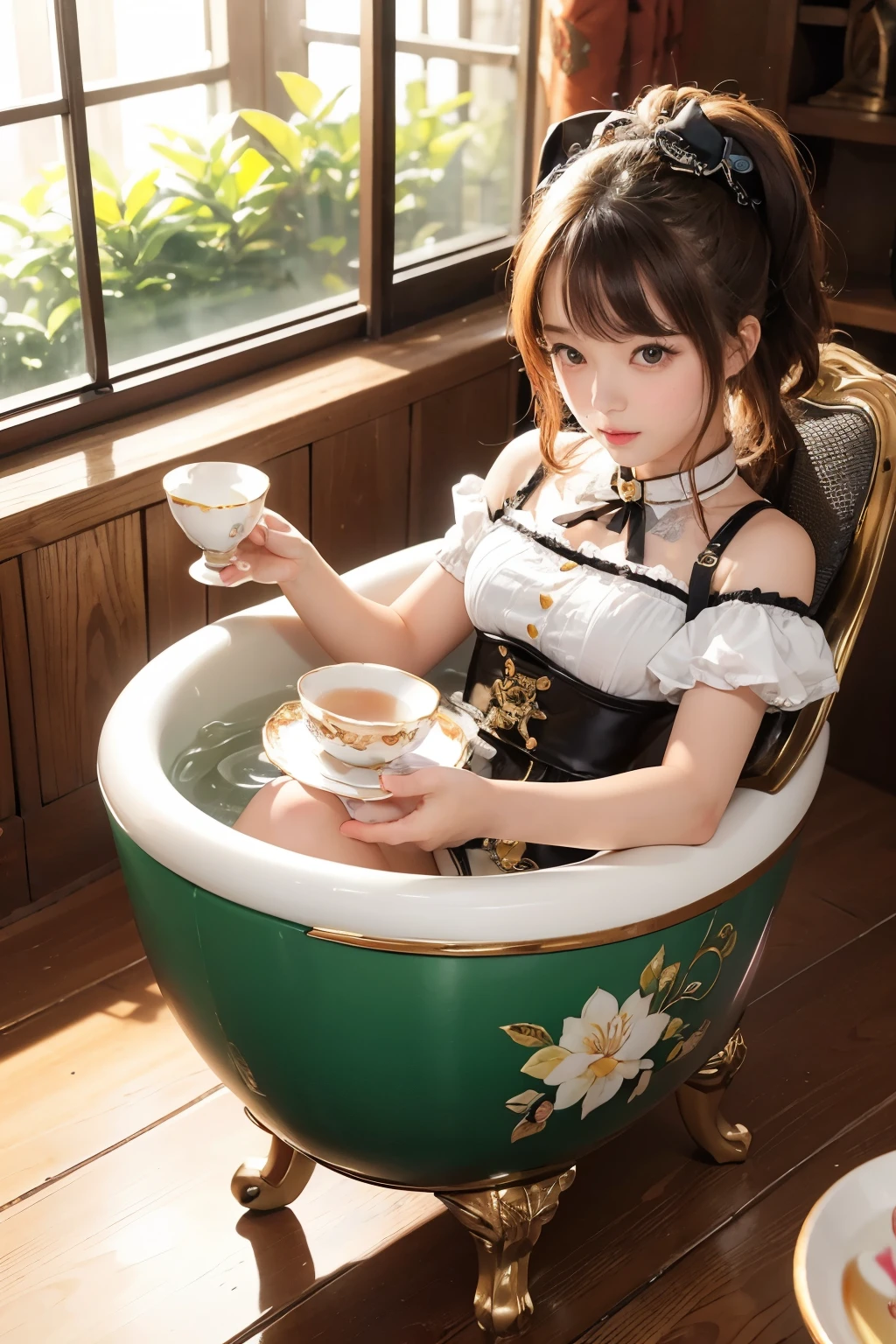masterpiece,top-quality,Ultra-detail,(Chibi Chara (Tea cup Girl:1.2)),(Ochanoki,segment field),(in a teacup),Half-body bath,