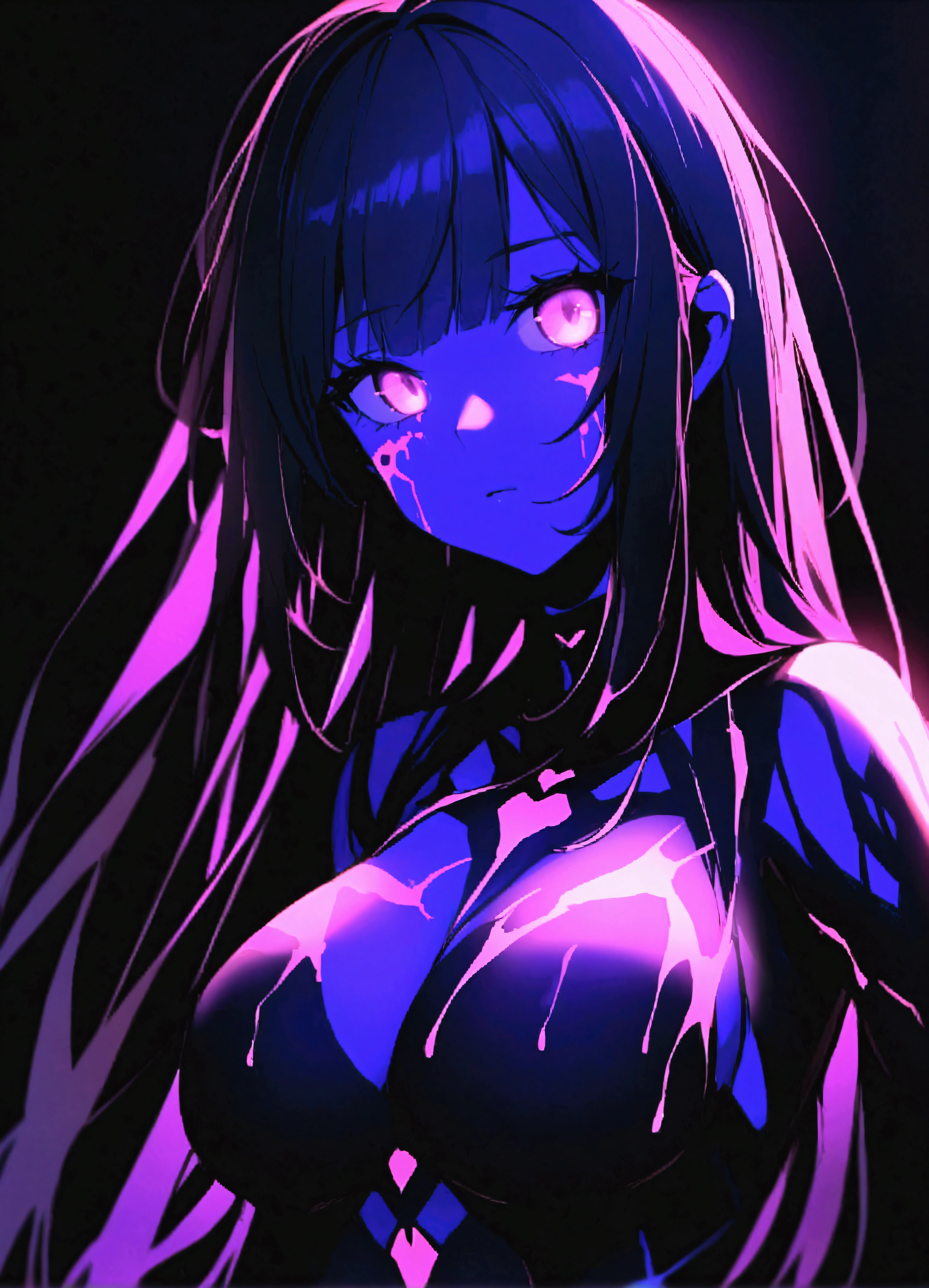 score_9、score_8_up、score_7_up、score_6_up、source_アニメ、Juri Han UV、One girl、solo、Paint Splatter、body paint、Black background、Glowing Skin、Backlight、