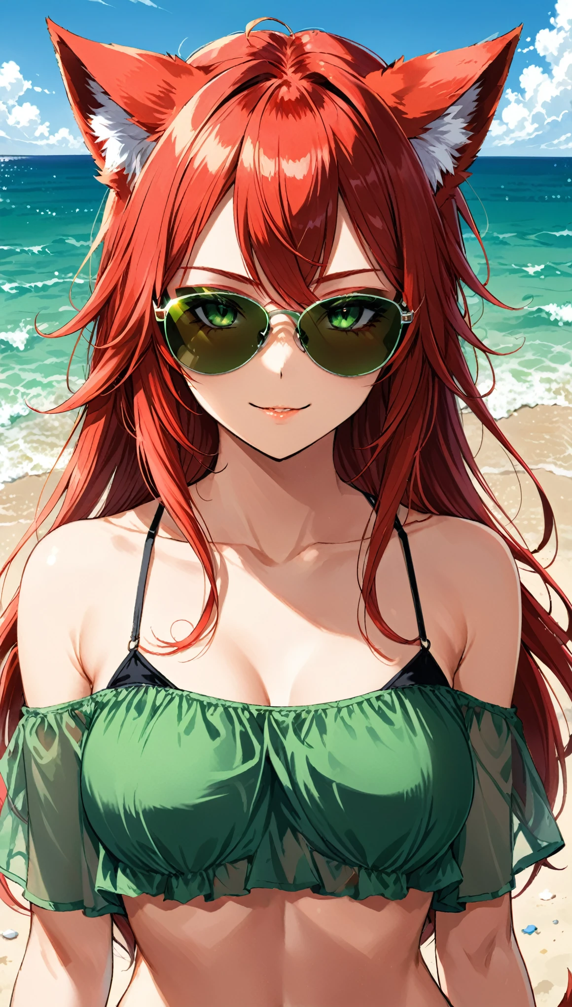 1catgirl, cat ears, (red long hair)) , eyes focus. oversaturated green eyes, she wars sunglasses the only partially cover her eyes. 50% transparent sunglasses. 20% eyes covered. wear an open green shirt that shows a black bikini. Bare shoulders, crop top, Portrait, zoomed half_body_shot. Medium breast. Super detailed. Perfect anime red eyes. Natural pose. She has a devil smile, she's OP overpowered . red fox tail. she's at the beach, background is partially blurred, accent colors.